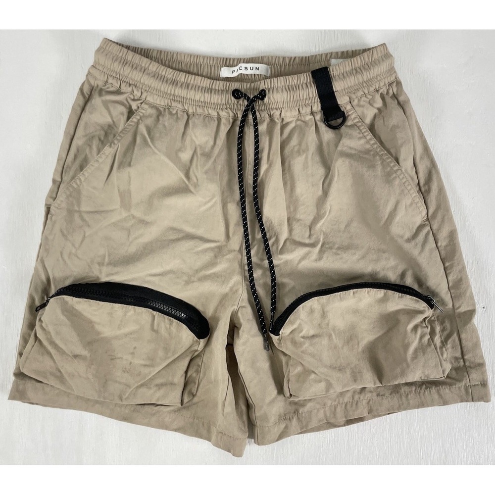 Pacsun Men Khaki Beige Tie Pull On Flat Front Zipper  Pocket Cargo Shorts Size S